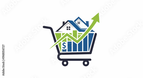 Shopping cart holds houses and financial growth charts