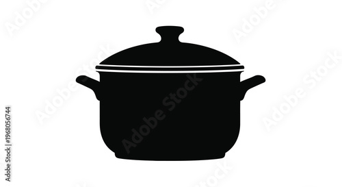 A simple black silhouette depicts a cooking pot with a lid and handles high quality professional