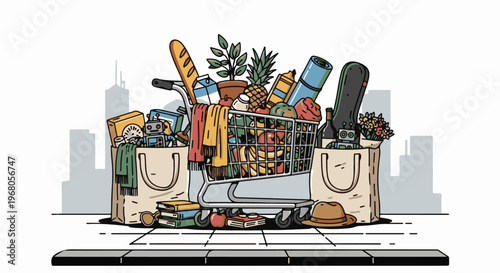 Shopping cart overflowing with groceries, books, and a plant, in front of city skyline