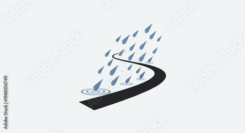 Raining on a winding dark road with puddles