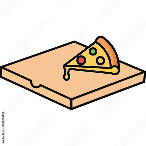 A single slice of pizza with olives rests on a cardboard delivery box