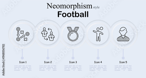 Football set icon. Neomorphism style interface with tactics strategy board, player substitution arrows, medal ribbon award, athlete with ball, referee portrait. Soft round buttons
