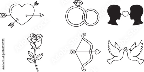 Black and white line of love symbols heart arrow rings wedding rings diamond