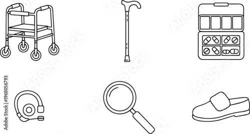 Black and white line of medical and health related walker cane pill box hearing aid magnifying glass