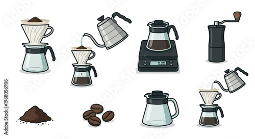 V60 Coffee Dripper Vector Icon Set - Manual Brew Equipment Illustration for Cafe Branding and Coffee Shop Menu
