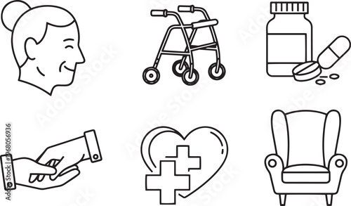Black and white line of six healthcare related including a woman walker pills chair and medical symbols