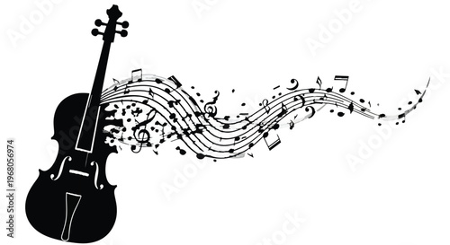 Black violin silhouette emitting a flowing stream of musical notes and staves.
