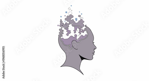 Profile of head with abstract thoughts and ideas bursting out