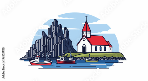 Seaside church and boats near basalt columns under a cloudy sky