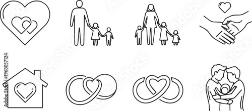 Black line of people and hearts line black and white family love