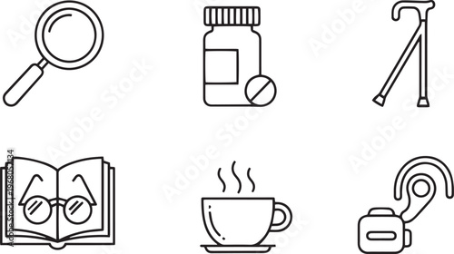 Black line of magnifying glass pill bottle cane book with glasses steaming cup and hearing aid on white