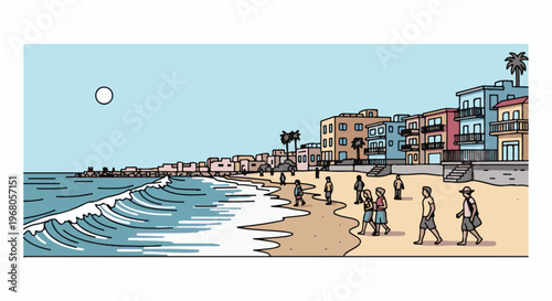 Seaside town with people strolling along the beach and waves