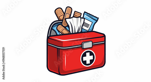 Red first-aid kit with bandages, wipes, and medical supplies