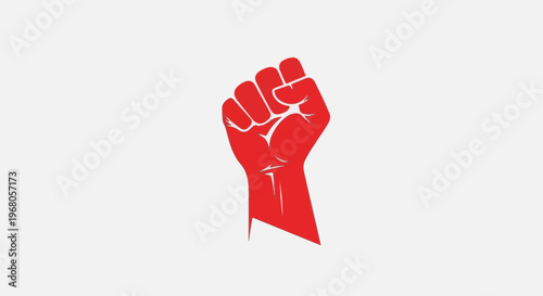 Red fist raised in solidarity against a white background