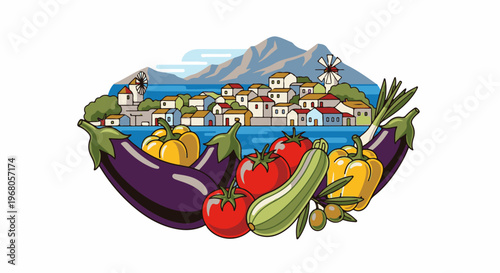 Seaside village with windmills framed by fresh vegetables, olives, and herbs