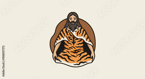 Seated figure wearing a tiger-striped cloak on a brown background