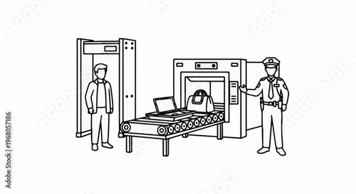 Security checkpoint with scanner, conveyor belt, and officers