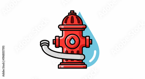 Red fire hydrant with a curved white hose connected, and a blue water droplet