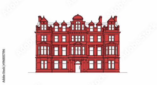 Red facade of a classical building with numerous windows and architectural details