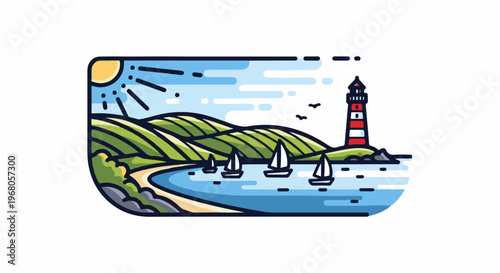 Sailboats on a bay near green hills and a lighthouse under sun