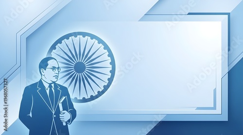 Dr. B.R. Ambedkar Writing the Constitution of India, Educational Illustration for Ambedkar Jayanti, Equality and Knowledge Concept on Blue Abstract Background.