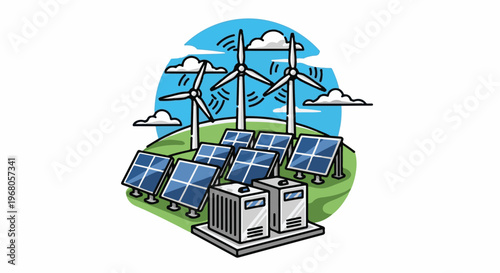 Renewable energy farm with wind turbines and solar panels