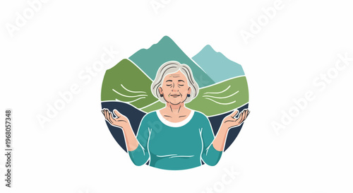 Serene elderly woman meditating against a backdrop of lush green hills and mountains