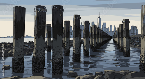 Row of weathered wooden pilings on a rocky shore with city skyline