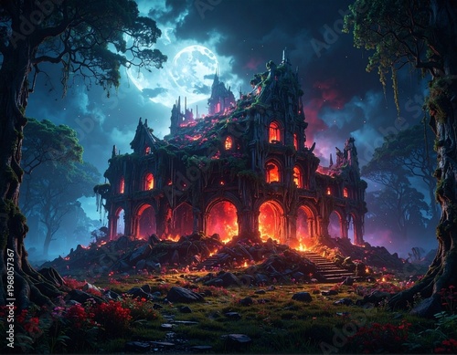 怪しげな森の中の燃える館