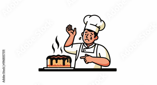 Sad chef points at a smoking cake with tears of despair