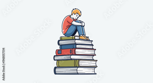 Sad child on stack of books