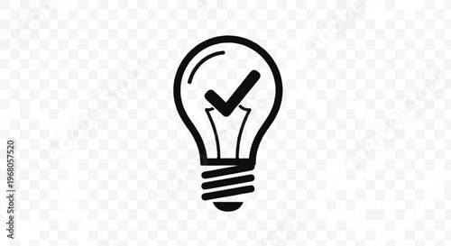 Lightbulb illustration with a bold checkmark represents a confirmed successful idea or an approved innovative solution.
