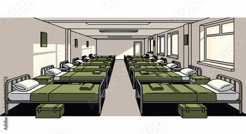 Rows of military-style bunks fill a dormitory room with sunlight