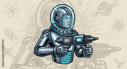 Retro futuristic astronaut with ray gun and space exploration symbols