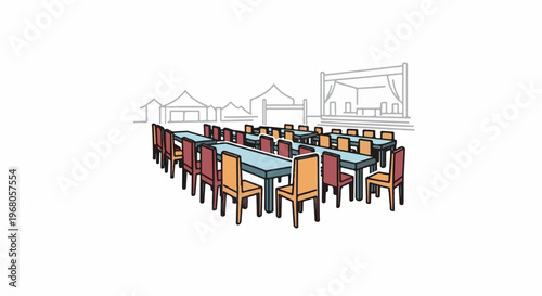 Rows of tables and chairs set up in front of tents and a stage