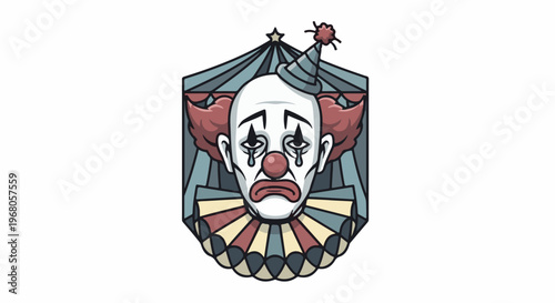 Sad clown face with a party hat and ruffled collar, behind a striped tent
