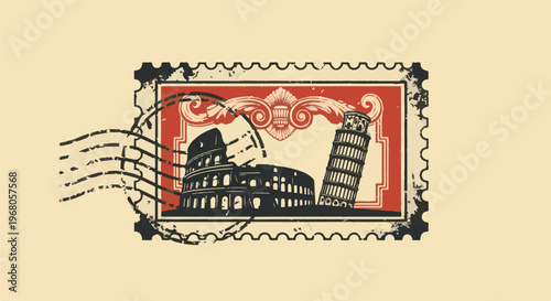 Retro postage stamp featuring iconic ancient Roman and Renaissance landmarks