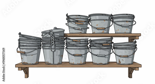 Rows of weathered metal buckets with wooden handles on shelves