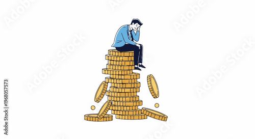 Sad man in suit sits on a tall stack of gold coins