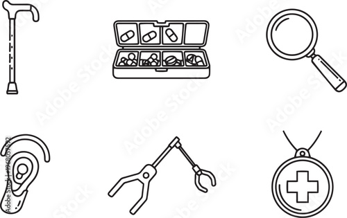 Medical symbols and tools medical healthcare symbols line black and white medicine crutch