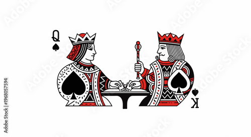 Royal court figures, king and queen, playing cards, engaged in a game