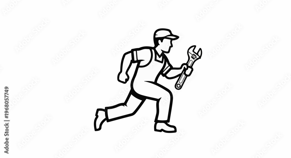 Fototapeta premium Running mechanic in overalls holding a wrench