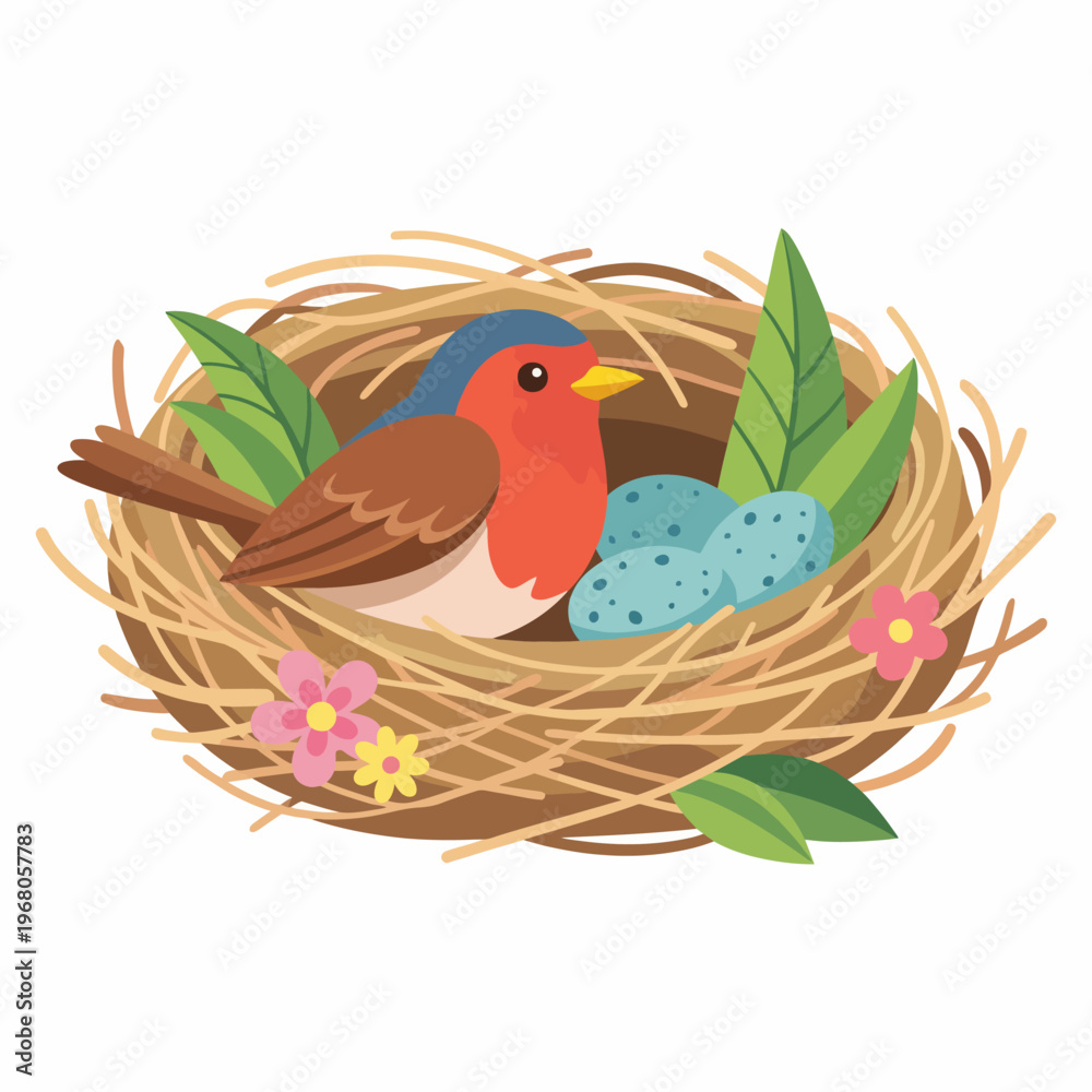 Obraz premium This illustration depicts a beautiful bird nest containing blue eggs, surrounded by leaves and flowers, symbolizing new beginnings and the beauty of nature, perfect for nature lovers.