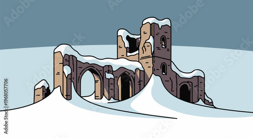 Ruined stone structure covered in snow under a cold, grey sky