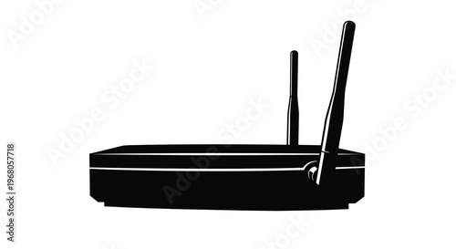 A black and white silhouette of a wireless router with two antennas prominently displayed high quality