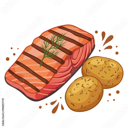 This appetizing image of grilled salmon served with potatoes highlights the aesthetics of a well-prepared meal, representing culinary delight and nutrition on a plate.