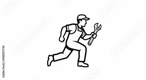 Running mechanic in overalls holding a wrench