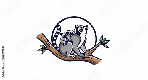 Ring-tailed lemurs with young clinging to mother's back on a branch
