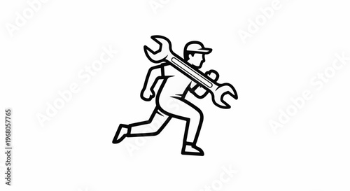 Running repairman carrying a wrench over his shoulder