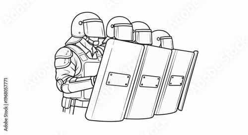 Riot police officers in protective gear stand shield-to-shield, forming a defensive line